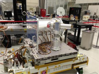 NASA's Optical PAyload for Lasercomm Science (OPALS) is pictured in the Spacecraft Assembly Facility at NASA's Jet Propulsion Laboratory prior to shipment.