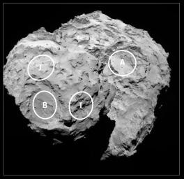 This annotated image depicts four of the five potential landing sites for ESA's Rosetta mission's Philae lander.