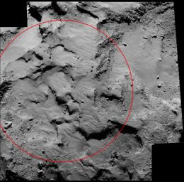 An annotated mosaic from the Rosetta spacecraft shows 'Site J,' the primary landing site on comet 67P/Churyumov-Gerasimenko for the mission's Philae lander.