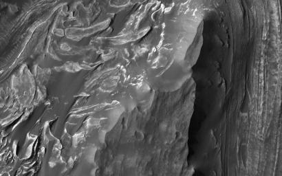 Melas Chasma is the widest segment of the Valles Marineris canyon, and is an area where NASA's Mars Reconnaissance Orbiter has detected the presence of sulfates.