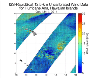 NASA's ISS-RapidScat ocean wind scatterometer viewed Hurricane Ana as it approached Hawaii. From Oct. 13 to Oct. 19, 2014, RapidScat observed Ana seven times. This frame is from a movie containing multiple days of observation.