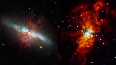 The comparison from NASA's Hubble telescope and Chandra X-ray Observatory highlights how different the universe can look when viewed in other wavelengths of light. M82 is located 12 million light-years away in the Ursa Major constellation.