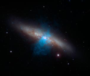 The bulk of a galaxy called Messier 82 (M82), or the 'Cigar galaxy,' is seen in visible-light data captured by the National Optical Astronomy Observatory's 2.1-meter telescope at Kitt Peak in Arizona.