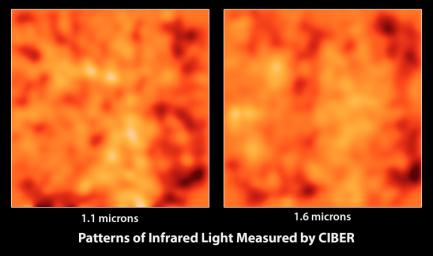 These images from the Cosmic Infrared Background Experiment, or CIBER, show large patches of the sky at two different infrared wavelengths (1.1 microns and 1.6 microns) after all known galaxies have been subtracted out and the images smoothed.