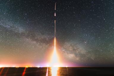 A time-lapse photograph of the CIBER rocket launch, taken from NASA's Wallops Flight Facility in Virginia in 2013. This was the last of four launches of the Cosmic Infrared Background Experiment (CIBER).