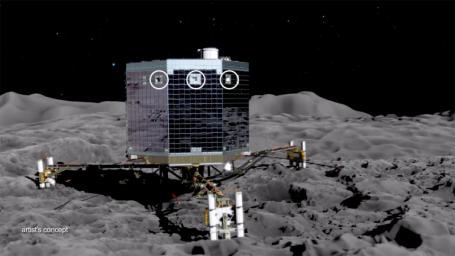 This artist's concept of the Rosetta mission's Philae lander on the surface of comet 67P/Churyumov-Gerasimenko, is from an animation showing the upcoming deployment of Philae and its subsequent science operations on the surface of the comet.