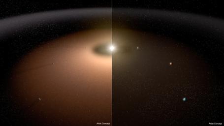 A dusty planetary system (left) is compared to another system with little dust in this artist's concept. Dust can make it difficult for telescopes to image planets because light from the dust can outshine that of the planets.