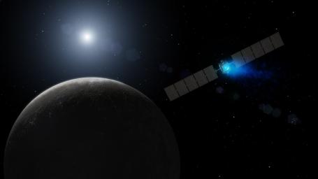 This artist's concept shows NASA's Dawn spacecraft arriving at the dwarf planet Ceres, the most massive body in the asteroid belt. Dawn is the first mission to visit a dwarf planet.