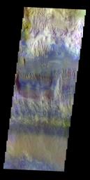 The THEMIS VIS camera contains 5 filters. The data from different filters can be combined in multiple ways to create a false color image. This false color image captured by NASA's 2001 Mars Odyssey spacecraft shows part of Hebes Chasma.