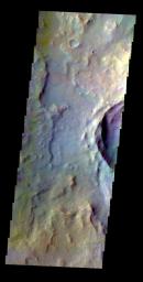 The THEMIS VIS camera contains 5 filters. The data from different filters can be combined in multiple ways to create a false color image. This false color image from NASA's 2001 Mars Odyssey spacecraft shows part of an unnamed crater in Tyrrhena Terra.