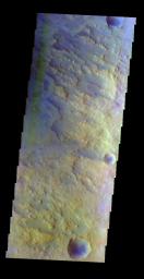 The THEMIS VIS camera contains 5 filters. The data from different filters can be combined in multiple ways to create a false color image. This false color image from NASA's 2001 Mars Odyssey spacecraft shows part of the floor of Antoniadi Crater.