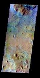 The THEMIS VIS camera contains 5 filters. The data from different filters can be combined in multiple ways to create a false color image. This false color image from NASA's 2001 Mars Odyssey spacecraft shows part of the region near Nili Fossae.