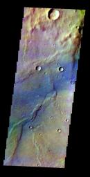 The THEMIS VIS camera contains 5 filters. The data from different filters can be combined in multiple ways to create a false color image. This false color image from NASA's 2001 Mars Odyssey spacecraft shows a region in Syrtis Major.