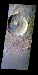The THEMIS VIS camera contains 5 filters. The data from different filters can be combined in multiple ways to create a false color image. This false color image from NASA's 2001 Mars Odyssey spacecraft shows an unnamed crater in Utopia Planitia.