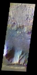 This false color image captured by NASA's 2001 Mars Odyssey spacecraft shows part of the complex region at the west end of Candor Chasma.