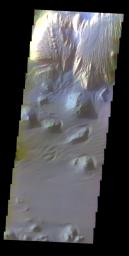 This false color image from NASA's 2001 Mars Odyssey spacecraft shows part of the interior of Ganges Chasma.