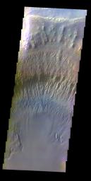 The THEMIS VIS camera contains 5 filters. The data from different filters can be combined in multiple ways to create a false color image. This false color image from NASA's 2001 Mars Odyssey spacecraft shows part of the interior of Ganges Chasma.