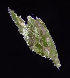 This image from NASA's Terra spacecraft shows Antikythera, a Greek island in the Aegean Sea. With a population of 44, its main settlement is the port of Patamos.
