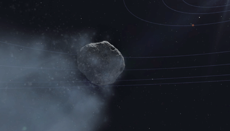 This frame from an animated artist's rendering begins with NASA's Mars Reconnaissance Orbiter spacecraft above Mars. The movie then transitions to a sequence of HiRISE images of the comet taken as it flew past Mars.