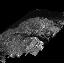NASA's Cassini Synthetic Aperture Radar (SAR) image is presented as a perspective view and shows a landscape near the eastern shoreline of Kraken Mare, a hydrocarbon sea in Titan's north polar region.