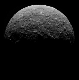 This frame from an animated sequence of images shows northern terrain on the sunlit side of dwarf planet Ceres as seen by NASA's Dawn spacecraft on April 14 and 15, 2015.