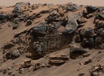 This evenly layered rock photographed by the Mast Camera (Mastcam) on NASA's Curiosity Mars Rover on Aug. 7, 2014, shows a pattern typical of a lake-floor sedimentary deposit not far from where flowing water entered a lake.