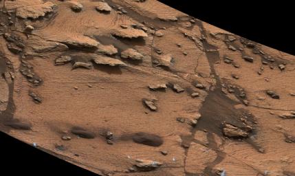 This image from NASA's Curiosity Mars rover shows an example of a thin-laminated, evenly stratified rock type that occurs in the 'Pahrump Hills' outcrop at the base of Mount Sharp on Mars. This type of rock can form under a lake.