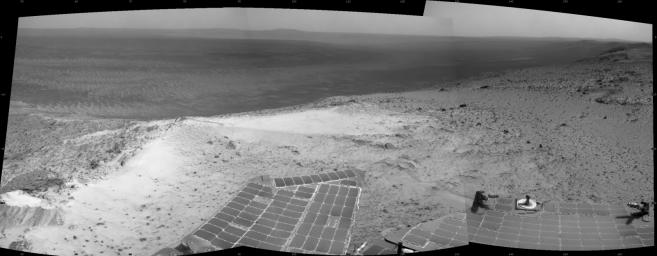 NASA's Mars Exploration Rover Opportunity recorded this view of the summit of 'Cape Tribulation,' on the western rim of Endeavour Crater on the day before the rover drove to the top.