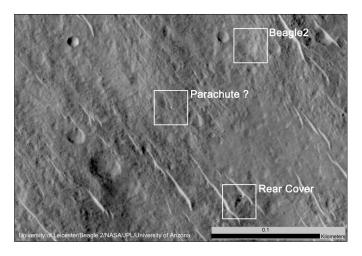 This annotated image, taken in 2014, shows where features seen in an observation by NASA's Mars Reconnaissance Orbiter have been interpreted as hardware from the Dec. 25, 2003, arrival at Mars of the United Kingdom's Beagle 2 Lander.