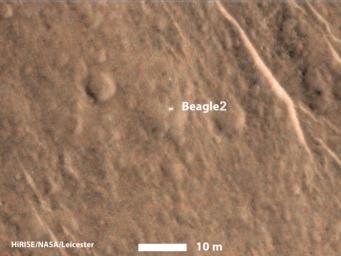 This annotated image taken on Dec. 15, 2014 by NASA's Mars Reconnaissance Orbiter shows a bright feature interpreted as the United Kingdom's Beagle 2 Lander, which was never heard from after its expected Dec. 25, 2003, landing.