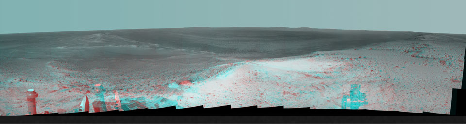 NASA's Mars Exploration Rover Opportunity gained this stereo vista from the top of a raised segment of the rim of Endeavour Crater. The view appears three-dimensional when seen through 3D glasses with red lens on the left.