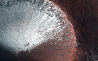 This observation, taken in June 2014, covers a small 1-kilometer sized simple crater located in the Southern hemisphere in late Martian winter as Mars is heading into spring.