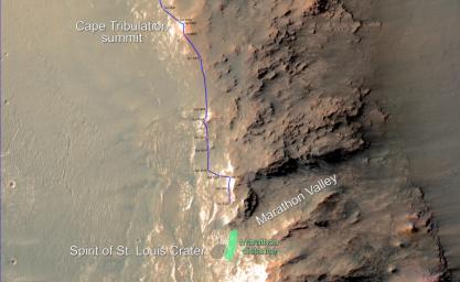 In February 2015, NASA's Mars Exploration Rover Opportunity is approaching a cumulative driving distance on Mars equal to the length of a marathon race. This map shows the rover's position relative to where it could surpass that distance.