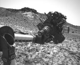 This image from the Navigation Camera (Navcam) on NASA's Curiosity Mars rover shows the position in which the rover held its arm for several days.