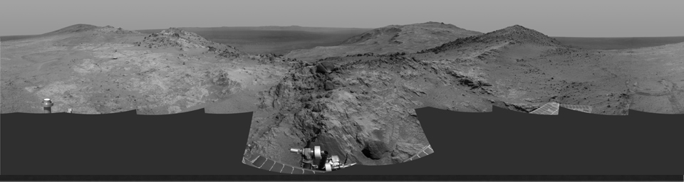 Cumulative driving by NASA's Mars Exploration Rover Opportunity surpassed marathon distance on March 24, 2015, as the rover neared a destination called 'Marathon Valley,' which is middle ground of this dramatic view from early March.