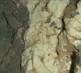 This view from the Mars Hand Lens Imager on the arm of NASA's Curiosity Mars rover is a close-up of a two-tone mineral vein at a site called 'Garden City' on lower Mount Sharp. It was taken during night, illuminated by LEDs, on March 25, 2015.