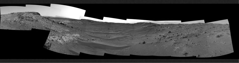 This view through a valley called 'Artist's Drive' from the Navigation Camera (Navcam) on NASA's Curiosity Mars rover shows the terrain ahead of the rover as it makes its way westward.