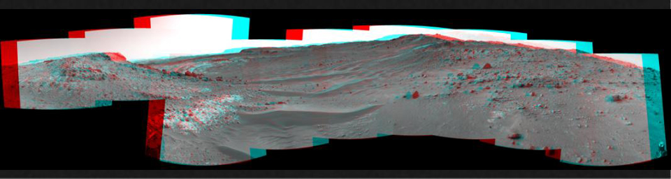 This stereo view from the Navigation Camera (Navcam) on NASA's Curiosity Mars rover shows the terrain ahead of the rover as it makes its way westward through a valley called 'Artist's Drive.' 3-D glasses are need to view this image.