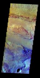 The THEMIS VIS camera contains 5 filters. The data from different filters can be combined in multiple ways to create a false color image. This false color image from NASA's 2001 Mars Odyssey spacecraft shows part of Ares Vallis.
