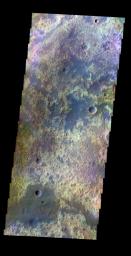 The THEMIS VIS camera contains 5 filters. The data from different filters can be combined in multiple ways to create a false color image. This false color image from NASA's 2001 Mars Odyssey spacecraft shows some of the plains of Arabia Terra.