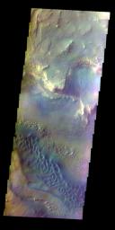 The THEMIS VIS camera contains 5 filters. The data from different filters can be combined in multiple ways to create a false color image. This false color image from NASA's 2001 Mars Odyssey spacecraft shows part of Melas Chasma.