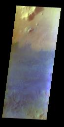 The THEMIS VIS camera contains 5 filters. The data from different filters can be combined in multiple ways to create a false color image. This false color image from NASA's 2001 Mars Odyssey spacecraft shows part of the floor of Marth Crater.