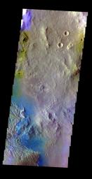 The THEMIS VIS camera contains 5 filters. The data from different filters can be combined in multiple ways to create a false color image. This false color image from NASA's 2001 Mars Odyssey spacecraft shows part of the floor of Becquerel Crater.