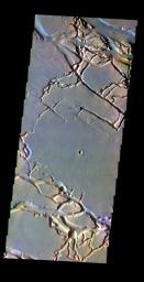 The THEMIS VIS camera contains 5 filters. The data from different filters can be combined in multiple ways to create a false color image. This false color image from NASA's 2001 Mars Odyssey spacecraft shows part of Granicus Valles.