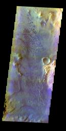 The THEMIS VIS camera contains 5 filters. The data from different filters can be combined in multiple ways to create a false color image. This false color image from NASA's 2001 Mars Odyssey spacecraft shows part of the floor of Trouvelot Crater.