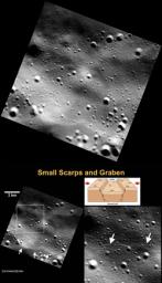 Small graben, narrow linear troughs, have been found associated with small scarps (bottom left, white arrows) on Mercury and the Moon are seen here by NASA's MESSENGER spacecraft.