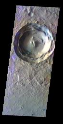The THEMIS VIS camera contains 5 filters. The data from different filters can be combined in multiple ways to create a false color image. This false color image from NASA's 2001 Mars Odyssey spacecraft shows an unnamed crater in Isidis Planitia.
