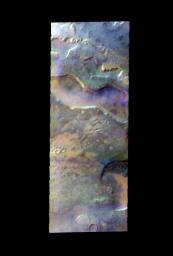 The THEMIS VIS camera contains 5 filters. The data from different filters can be combined in multiple ways to create a false color image. This image from NASA's 2001 Mars Odyssey spacecraft shows depressions in the surface of southern Noachis Terra.