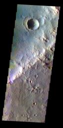 The THEMIS VIS camera contains 5 filters. The data from different filters can be combined in multiple ways to create a false color image. This false color image from NASA's 2001 Mars Odyssey spacecraft shows an unnamed crater in Terra Cimmeria.