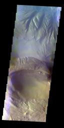 The THEMIS VIS camera contains 5 filters. The data from different filters can be combined in multiple ways to create a false color image. This false color image from NASA's 2001 Mars Odyssey spacecraft shows part of Candor Chasma.